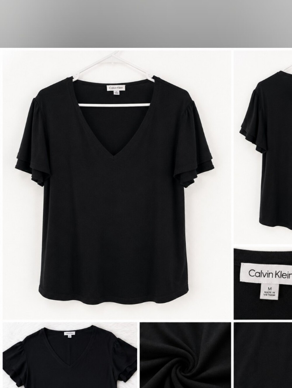 Calvin Klein Black V-Neck Flutter Sleeve Tee